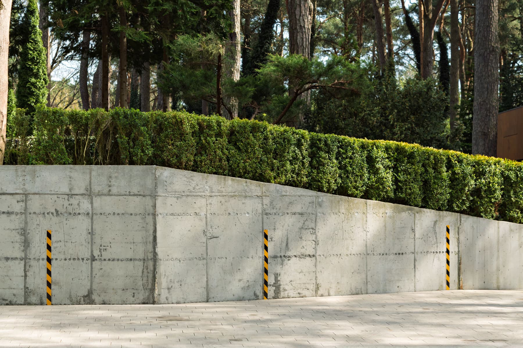 Poured concrete retaining wall along a paved walkway with a hedge above
