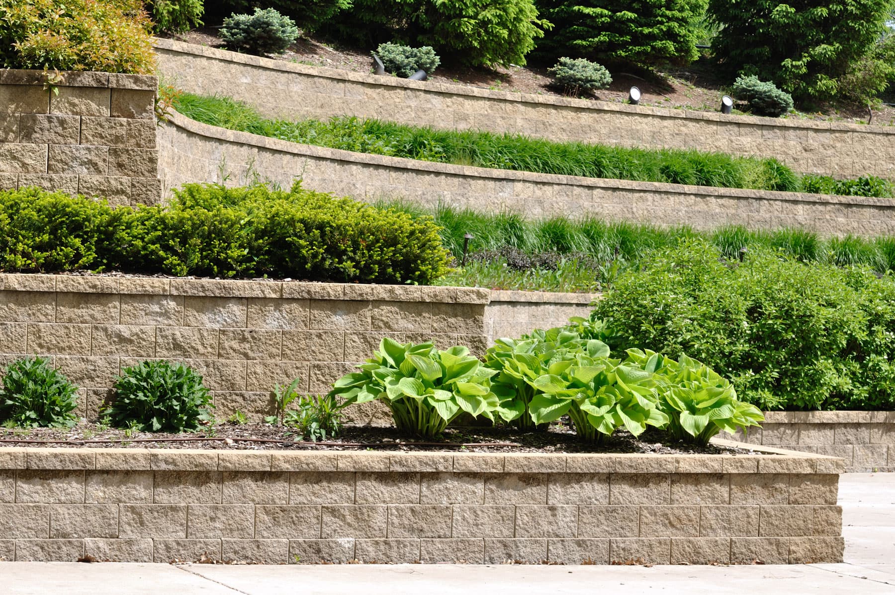 Tiered sandstone block retaining wall with garden planting beds (representative photo for Delta)